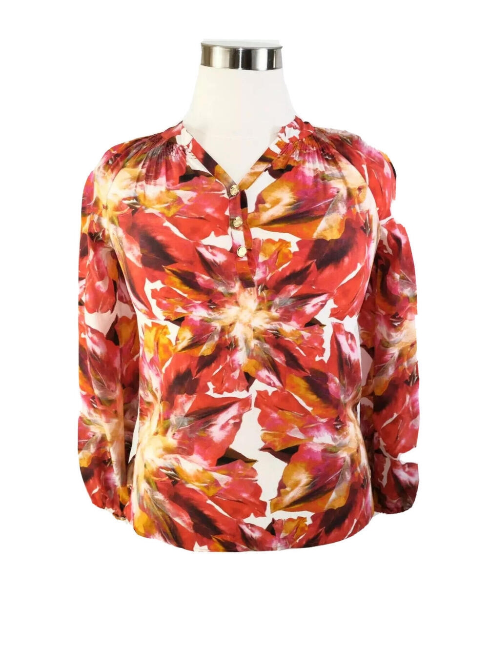 Robert Talbott Womens Silk Long Sleeve Multi Color Floral Henley Blouse Shirt 2